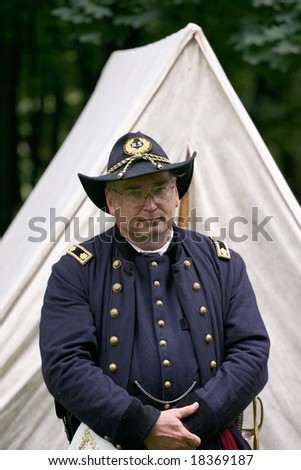 MENANDS - September 13: An Officer Poses Outside His Tent During a Civil War Reenactment at the Albany Rural Cemetery on September 13, 2008 in Menands, NY.