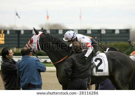 OZONE PARK, NY - APRIL 4: Joe Talamo aboard I Want Revenge is congratulated after the Wood Memorial at Aqueduct Race Track- April 4, 2008 in Ozone Park, NY.