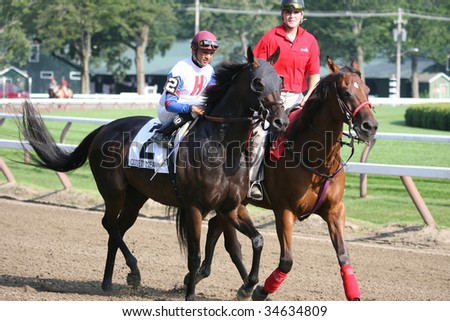 SARATOGA SPRINGS, NY- AUGUST 1:  Jose Lexcano aboard Quiet meadow in the post parade before the 71st Diana Stakes at Saratoga Race Track,  August 1, 2009 in Saratoga Springs, NY.