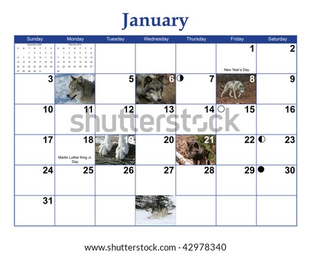 January 2010 Wildlife Calendar Page with wolf pictures, moon phases, and US Holidays