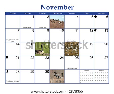November 2010 Wildlife Calendar Page with Geese pictures, moon phases, and US Holidays