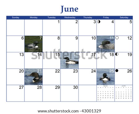 June 2010 Wildlife Calendar Page with Loon pictures, moon phases, and NO Holidays