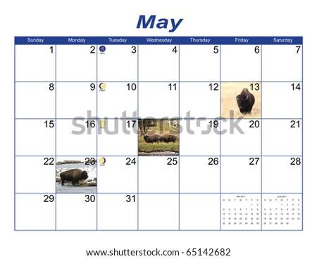 Colorful May 2011 Calendar containing wildlife photos, phases of the moon and seasons. Generic with NO holidays.
