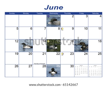 Colorful June 2011 Calendar containing wildlife photos, phases of the moon and seasons. Generic with NO holidays.