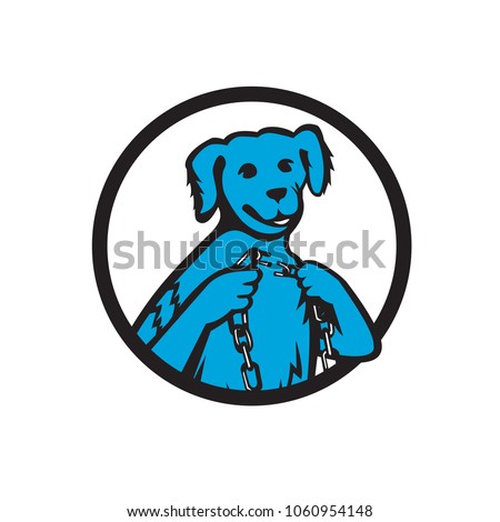 Mascot icon illustration of a blue merle dog holding a chain with one link chain broken set inside circle on isolated background in retro style.