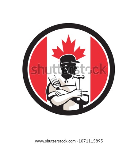 Icon retro style illustration of a Canadian DIY Expert, handyman, carpenter, DIYer or renovator with tools with Canada maple leaf flag set inside circle on isolated background.
