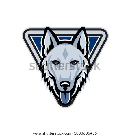 Mascot icon illustration of head of a police dog, Alsatian wolf dog or German Shepherd set inside triangle viewed from  on isolated background in retro style.