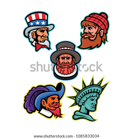 Mascot icon illustration set of heads of American and British mascots such as Uncle Sam, Paul Bunyan lumberjack, Beefeater or Yeoman, Cavalier ,Musketeer and Lady Liberty or Libertas  in retro style.