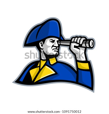 Mascot icon illustration of head of a British admiral of the fleet looking thru a telescope viewed from side on isolated background in retro style.