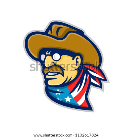 Mascot icon illustration of head of an American statesman, writer and 26th President of the United States, Theodore Roosevelt Jr wearing bandanna with USA flag on isolated background in retro style.