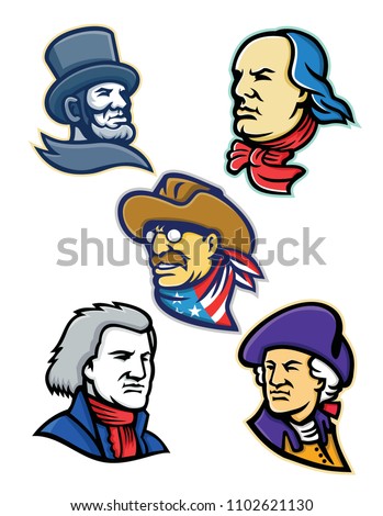 Mascot icon illustration set of heads of American presidents, patriot, heroes and statesman like Abraham Lincoln, Benjamin Franklin,Theodore Roosevelt, Thomas Jefferson and George Washington retro.