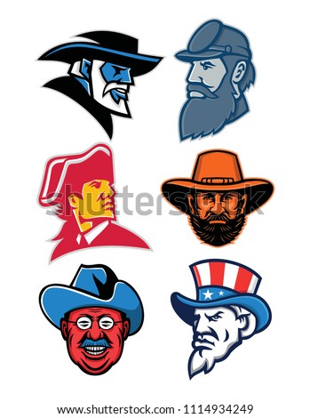 Mascot icon illustration set of American Generals and Statesman like General Robert E Lee, General Stonewall Jackson, General Ulysses Simpson Grant, Theodore Roosevelt of the Rough Riders, Uncle Sam.