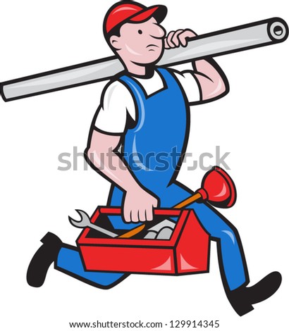 Illustration Of A Plumber Carrying Pipe And Toolbox Running Done In ...