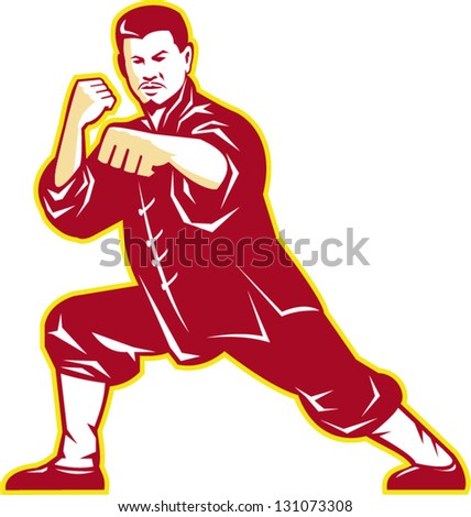 Illustration of shaolin kung fu martial arts karate master in fighting stance with temple and sunburst in background set inside oval done in retro style.