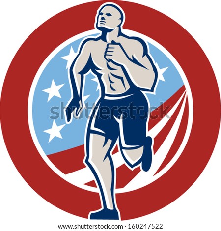 Illustration of an American crossfit marathon runner running facing front set inside circle with stars and stripes flag done in retro style on isolated white background