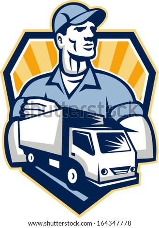 Illustration of a removal man delivery guy with moving truck van in the foreground set inside shield crest done in retro style.