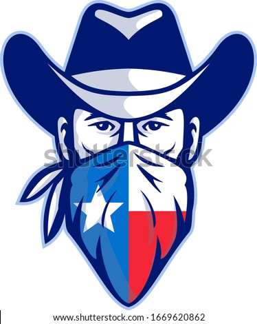 Mascot icon illustration of head of Texan bandit, outlaw or highwayman wearing cowboy hat and bandana, kerchief or bandanna with Texas Lone Star flag front view on isolated background in retro style. Foto d'archivio © 