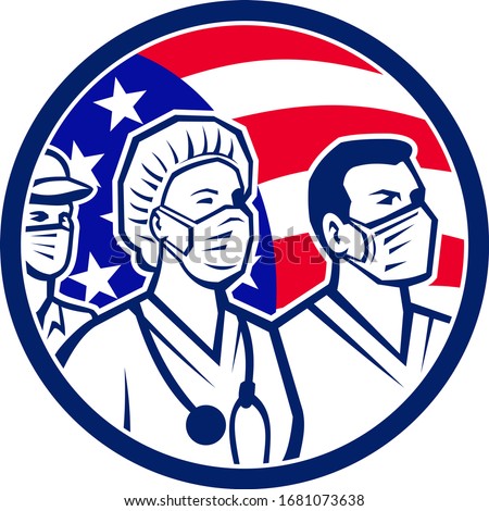Icon retro style illustration of American healthcare provider, medical care worker, nurse or doctor as heroes wearing surgical mask with United States of America USA flag circle on white background.