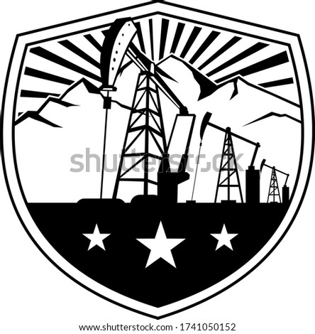 Oil Derrick and Mountains Shield Badge Retro Black and White