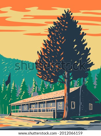 WPA poster art of Roosevelt Lodge Cabins located in the Tower-Roosevelt area in Yellowstone National Park, Wyoming USA done in works project administration style or federal art project style.