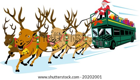 Santa Claus with reindeers pulling a bus