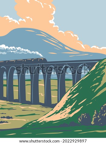 Art Deco or WPA poster of steam train on railway over Batty Moss or Ribblehead Viaduct in Yorkshire Dales National Park, northern England, United Kingdom done in works project administration style. Сток-фото © 
