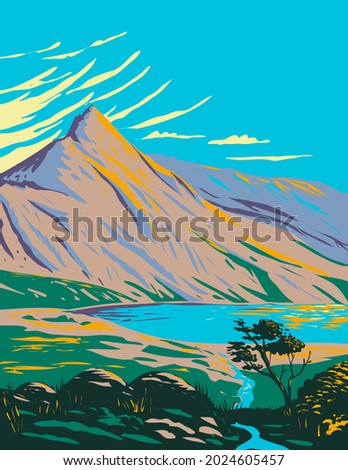 Art Deco or WPA poster of Mount Snowdon with Lake Glaslyn located in Snowdonia National Park in northwestern Wales, United Kingdom done in works project administration style.