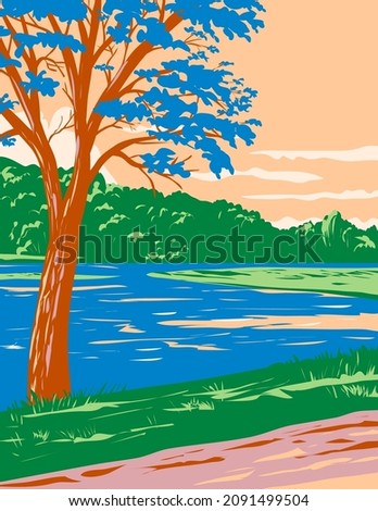 WPA poster art of Bull Shoals-White River State Park with the best trout fishing stream in Baxter and Marion Counties in Arkansas United States done in works project administration style.