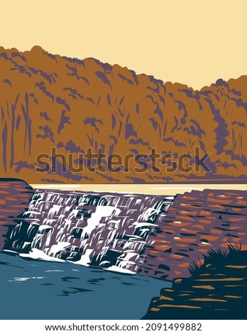 WPA poster art of Devil's Den State Park waterfall at Butterfield trail in the Ozark Mountains in northwest Arkansas, United States of America USA done in works project administration style.