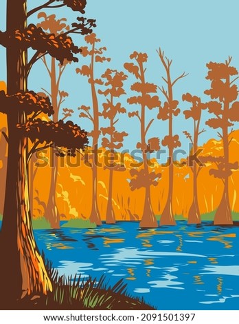 WPA poster art of Cane Creek State Park with Bayou Bartholomew on north bank of Cane Creek Lake in Lincoln County, Arkansas, United States of America USA done in works project administration style.