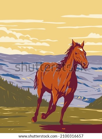 WPA poster art of mustang galloping in Pryor Mountain Wild Horse Range located in Carbon and Big Horn counties of Montana, United States of America USA done in works project administration style.