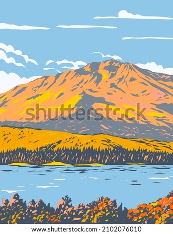 WPA poster art of Fallen Leaf Lake during fall in El Dorado County, California near California Nevada state border south west of Lake Tahoe, United States done in works project administration style.