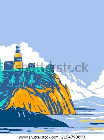 WPA poster art of Cape Disappointment with lighthouse sitting on a bluff at the mouth of the Columbia River in western Washington State, United States, USA done in works project administration style.