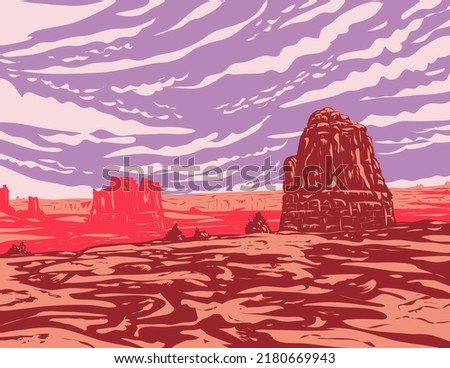 WPA poster art of La Sal Mountains Viewpoint showing The Organ, Tower of Babel, Sheep Rock and Three Gossips in Arches National Park in Moab, Utah, United States in works project administration style.