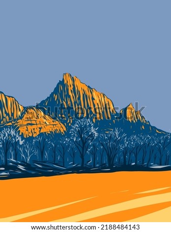 WPA poster art of the Watchman northwest aspect located in Zion National Park, Washington County Utah, United States USA done in works project administration style.