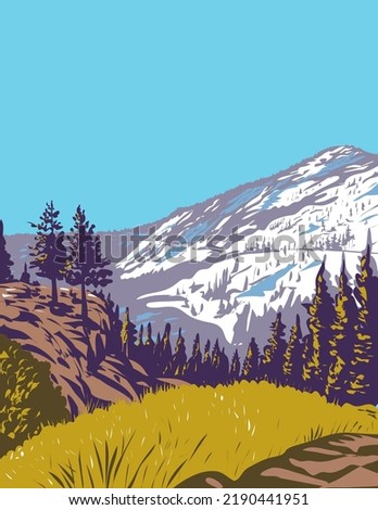 WPA poster art of Phipps Peak in the Sierra Nevada west of Emerald Bay and Lake Tahoe in El Dorado County and the Desolation Wilderness, California, USA done in works project administration style.