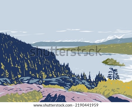 WPA poster art of Fannette Island in Lake Tahoe within Emerald Bay State Park in California, United States, USA done in works project administration style or federal art project style.