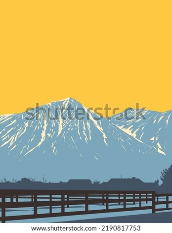 WPA poster art of Monument Peak and East Peak in South Lake Tahoe as viewed from Gardnerville in Douglas County, Nevada, United States USA done in works project administration style.