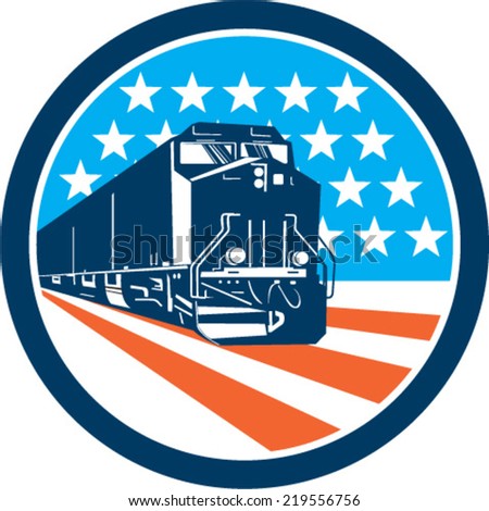 Illustration of a diesel train viewed from front set inside circle with american stars and stripes in the background done in retro style.