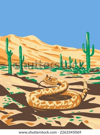 WPA poster art of a western diamondback rattlesnake or Texas diamond-back in Sonoran Desert National Monument, Arizona United States done in works project administration style.