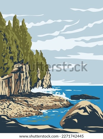 WPA poster art of Bruce Peninsula National Park on the Bruce Peninsula in Ontario, Canada done in works project administration.