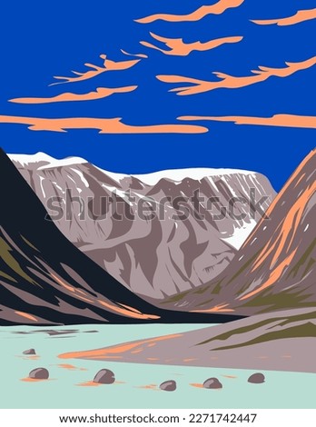 WPA poster art of Auyuittuq National Park with mouth of Weasel River and Mount Overlord in Cumberland Peninsula in the Qikiqtaaluk Region of Nunavut in Canada done in works project administration.