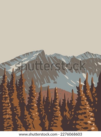 WPA poster art of Mount Revelstoke National Park located adjacent to the city of Revelstoke, British Columbia, Canada done in works project administration.