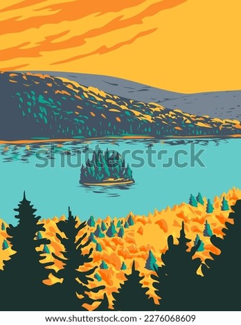WPA poster art of Pines Island in Lake Wapizagonke within La Mauricie National Park near Shawinigan in the Laurentian mountains, Mauricie region of Quebec, Canada done in works project administration.