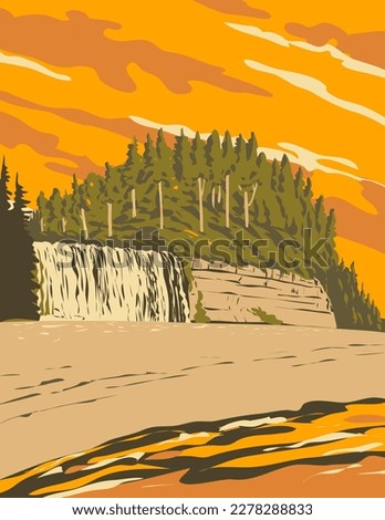 WPA poster art of Tsusiat Falls on the West Coast Trail in Pacific Rim National Park Reserve located in British Columbia, Canada done in works project administration.