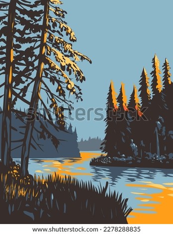 WPA poster art of Lake Waskesiu in Prince Albert National Park at dusk located in Saskatchewan, Canada done in works project administration or federal art project style.