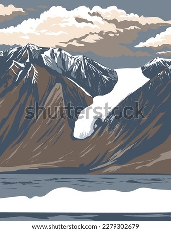 WPA poster art of Gull Glacier in Tanquary Fiord in Quttinirpaaq National Park located on Ellesmere Island in Qikiqtaaluk Region of Nunavut, Canada done in works project administration.