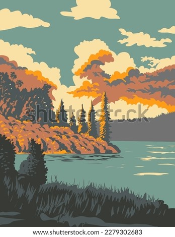 WPA poster art of Deep Lake in Riding Mountain National Park located in Manitoba, Canada done in works project administration or federal art project style.