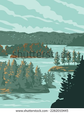 WPA poster art of Thousand Islands National Park formerly the St. Lawrence Islands National Park on the 1000 Islands Parkway of the Saint Lawrence River in Canada done in works project administration.