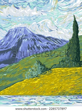 WPA poster art of Mount Richards in Waterton Lakes National Park located in the southwest corner of Alberta, Canada done in works project administration or federal art project style.